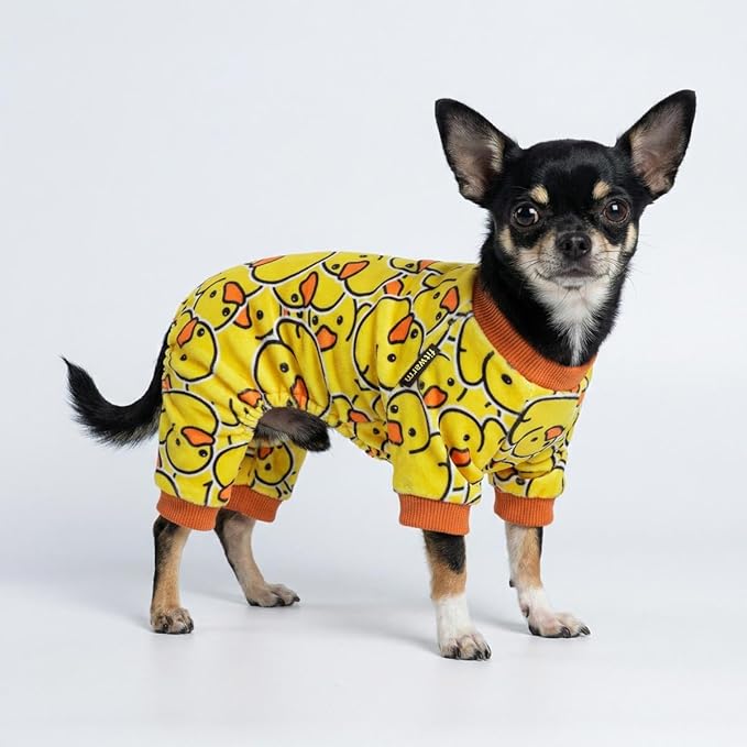 Fitwarm Funny Duck Dog Pajamas, Dog Winter Clothes for Small Dogs Girl, Lightweight Velvet Pet Jumpsuit, Cat Onesie, Yellow, Small
