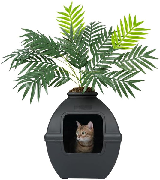 Good Pet Stuff Hidden Litter Box Planter, Decorative Cat Litter Enclosure with Carbon Filter, Artificial Plant, Easy Clean, Indoor Design, Courtyard Square Style, Base Kit, Black Suede