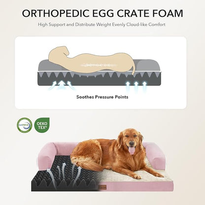 Orthopedic Dog Beds for Large Sized Dogs, Waterproof Egg Crate Foam Medium Dog Couch Beds for Crate 35x22Inch, Washable Pet Beds with Removable Cover and Nonskid Bottom, Pink