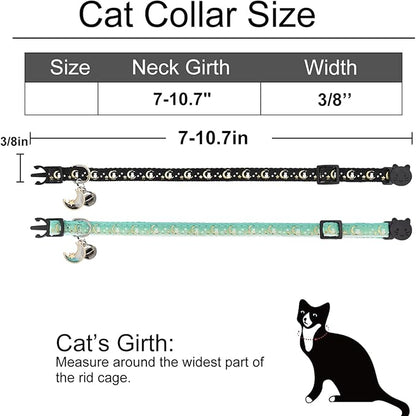2 Pack Breakaway Cat Collar with Bells,Adjustable Moon and Star Kitten Safety Collars for Boys & Girls,Black+Teal