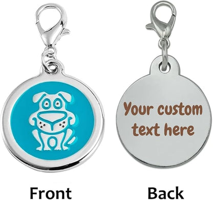 Personalized Funky Dog Design Pet ID Tags with Quick Tag Clip - Happy Puppy Name tag, Custom Laser Engraved pet Tags, Collar Name tag (Dog-Round-Small: Blue)