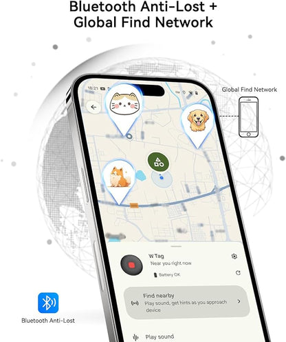 Bluetooth Dog Tracker Tag, Pet Tracker for Dogs with Silicone Collar Holder, Works with Apple Find My & Android Find Hub, IP65 Waterproof Anti-Lost Locator, White 2 Pack