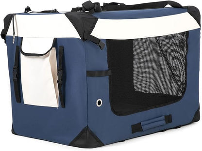 Large Cat Carrier, Collapsible Dog Travel Crate Portable Soft-Sided Pet Carrier with Super Soft Warm Plush Mat for Indoor and Outdoor 24x16x16in,Navy Blue