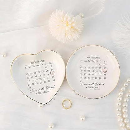 Custom Date Calendar Ring Dish Engagement Gift, Announcement Engaged Trinker Holder, Jewelry Tray Gifts for Newly Engaged Couple, Anniversary Wedding Gift for Her Bride Friend