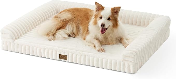 Cute Dog Bed for Large Dogs, Faux Rabbit Fur Orthopedic Foam Dog Bed with Sides, Removable Washable Cover & Waterproof Lining, Comfortable Pet Couch, Cream (44" L x 32" W x 7" Th)