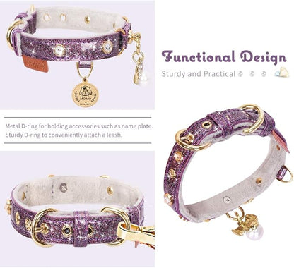 PetsHome Cat Collar, Dog Collar, [Bling Rhinestones] PU Leather Adjustable Pet Collar with Luxury Pendant for Cat and Small Dog Extra Small Purple