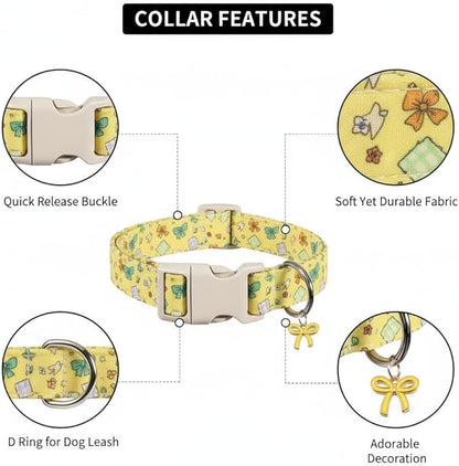 Dog Collars for Medium Dogs, Yellow Dog Collar with Cute Bow Print and Charm, Adjustable Medium Collar for Girl Female Dogs