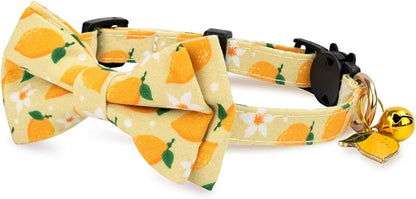 2 Pack Cotton Cat Collar with Bow Tie and Bell for Male Female Cats,Soft Fancy Breakaway Kitty Kitten Collar with Ghost& Pumpkin Patterned Design for Boy Girl Cats. (Peach&Lemon)