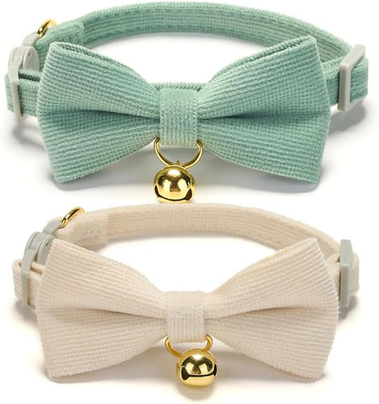 2 Pack Soft Corduroy Cat Collars with Bow Tie & Bell Adjustable Breakaway Bowtie Kitten Collar for Girl Boy Kittens(White & Grass Green)