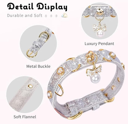 PetsHome Cat Collar, Dog Collar, [Bling Rhinestones] PU Leather Adjustable Pet Collar with Luxury Pendant for Big Cat and Small to Medium Dog Small Silvery