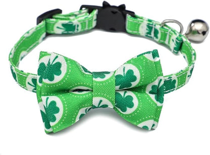 2-Pack Breakaway Cat Collars with Removable Double-Layer Bow Tie and Bell for Boy and Girl Cats,Safety Kitten Collars Suitable for Festivals and Daily. (St. Patrick's Day1)