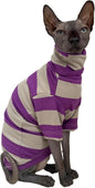 Vintage Stripes Sphynx Hairless Cats Shirt Cotton Cat Turtleneck Pet Clothes Kitten T-Shirts with Sleeves for Sphynx Cats (Wide Purple Grey Stripe, Small)