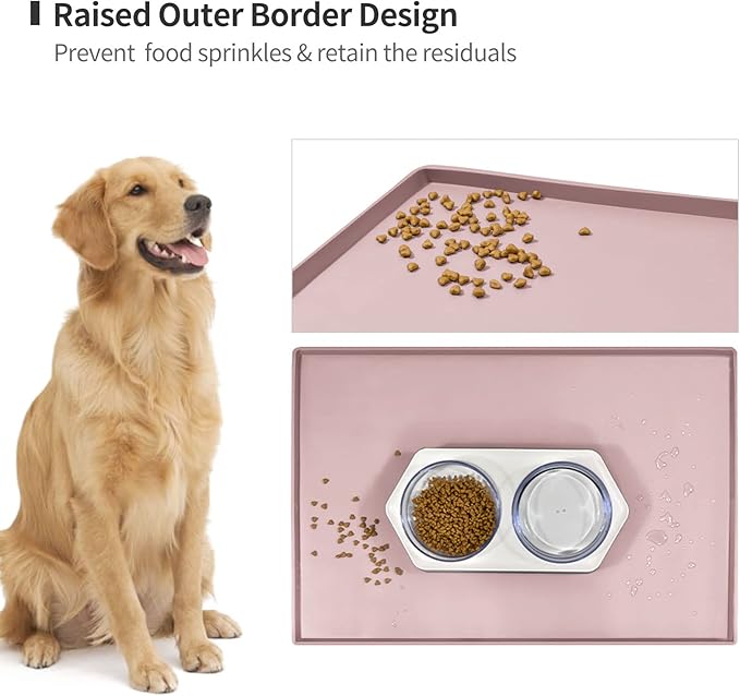 Dog Food Mat,Silicone Waterproof Food Tray,Non Slip Pet Bowl Mats Placemat,0.6" Raised Edge,Suitable for Most Small and Medium Sized Pets,24" x 16"