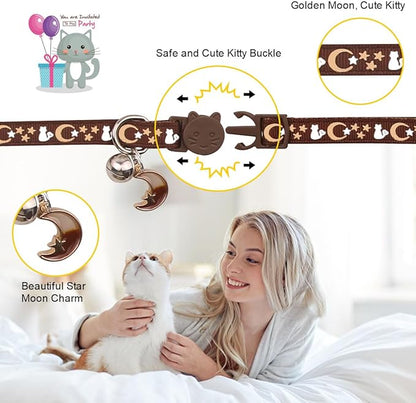 2PCS Breakaway Cat Collars with Bell Cute Kitty Glow in The Dark Adjustable Kitten Collars 7.9-13.0 Inch(Brown&Black)