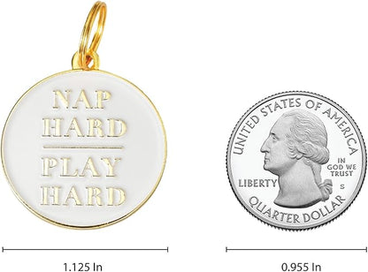 Two Tails Pet Company Personalized 'Nap Hard, Play Hard' Pet ID Tag & Collar Charm - Custom Engraved Dog Tags for Pets - Luxury Brass, Gold Plating