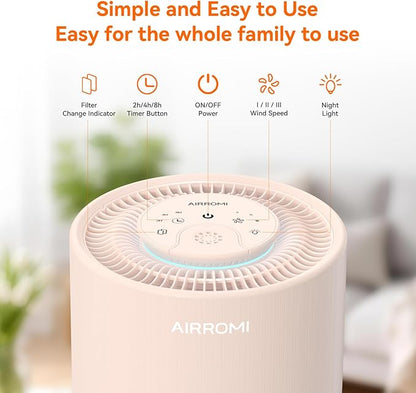AIRROMI Air Purifier for Bedroom with HEPA 3-in-1 Filter, Pet Air Purifier for Home Cat Pee Smell, Covers Upto 990 Ft², Quiet 360°intake Air Cleaner for pet hair,allergies,Dust,Smoke A2001 Orange
