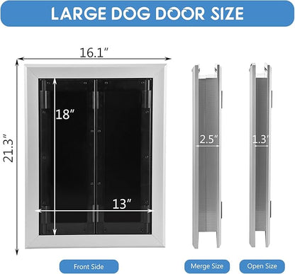 Large Dog Door, Weatherproof Aluminum Dog Door with Automatic Closing Double Panels Easy to Install Pet Door for Large Dogs and Cats, Closing Panel Included