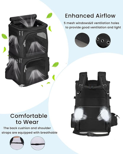 Double-Compartment Pet Carrier Backpack for 2 Cats or Small Dogs, Dual Travel Dog Cat Carrier wih Breathable Mesh Windows, Fits Pets up to 20 lbs, Perfect for Traveling/Hiking/Camping, Black