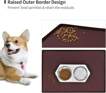 Dog Food Mat,Silicone Waterproof Food Tray,Non Slip Pet Bowl Mats Placemat,0.6" Raised Edge,Suitable for Most Small and Medium Sized Pets,18.5" x 11.5"