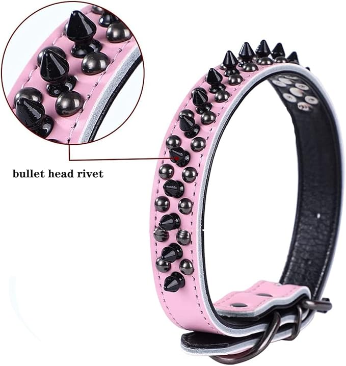 Spiked Studded Dog Collar, Genuine Leather Dog Collar, Adjustable Pet Collars for Medium Large Bulldog Pitbull Mastiff Poodle Boxer (S:27-33cm, Black)