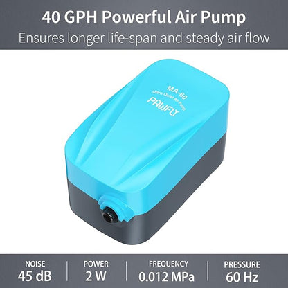 Pawfly Aquarium Compact Air Pump 15-40 GPH Quiet Oxygen Pump for 3-20 Gallon Fish Tanks Aerator Pump with Air Stone Disc Nano Bio Sponge Filter Airline Tubing and Check Valve Accessories