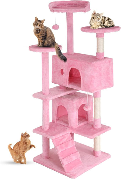 FDW | 54" Cat Tree Tower | Pink | Multi-Level Indoor Activity Center with Sisal Scratching Posts, Condos, Plush Perches, Hanging Cat Toys | Sturdy, Easy to Assemble | for Kittens & Adult Cats