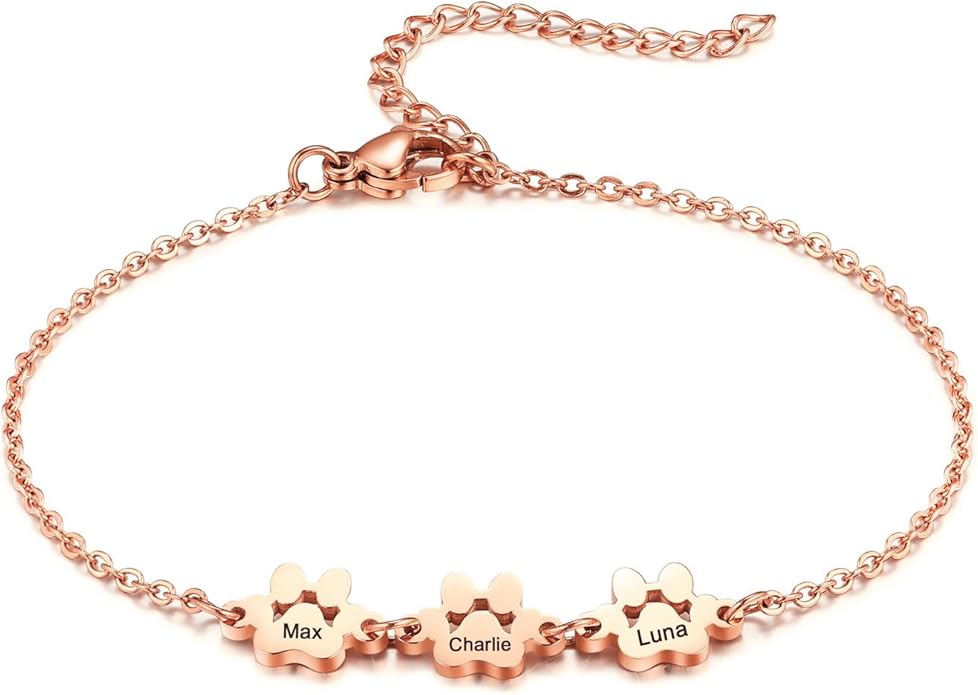 MeMeDIY Personalized Paw Print Bracelet for Women Engraved 1-5 Names Dog Cat Pet Paw Bracelet Adjustable Chain Dog Jewelry Memorial Gifts for Pet Lovers