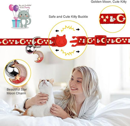 Baeuppit 2PCS Breakaway Cat Collars with Bell Cute Kitty Glow in The Dark Adjustable Kitten Collars(Red&Purple)