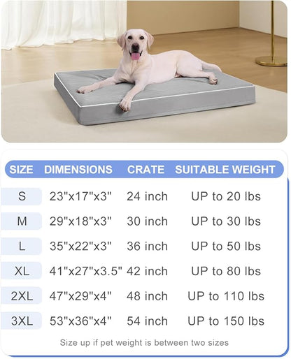 KSIIA Orthopedic Dog Bed for Crate Large Dog Bed XL with Removable Machine Washable Cover Waterproof Crate Pad with Egg Foam and Non-Slip Bottom, 41x27 Inch, Light Gray