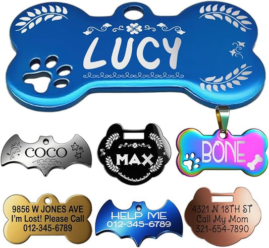 Stainless Steel Personalized Pet ID Tags, Art Design for Dog Tags, Cat Tags, Customized and Engraved on Both Sides of ID Tag, in Black, Silver, Blue, Gold, Rose Gold and Rainbow Color