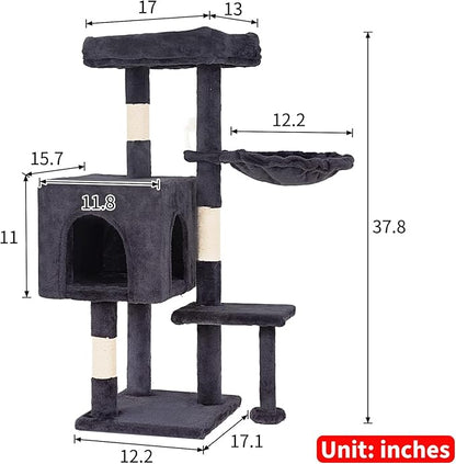 FDW | 37.8" Cat Tree Tower | Dark Gray | Multi-Level Indoor Activity Center with Sisal Scratching Posts, Condos, Plush Perches, Hanging Cat Toys | Sturdy, Easy to Assemble | for Kittens & Adult Cats
