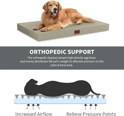 Outdoor Large Washable Dog Bed, Orthopedic Egg Crate Foam Dog Crate Mat for Large Dogs with Removable Oxford Cooling Cover, Khaki