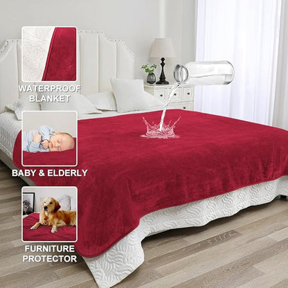 Waterproof Blanket for Beds – Ideal for Couch & Pets Splash Proof Sherpa Throw, Leakproof TPU Layer, Stain Resistant Washable Bed Protector – Burgandy, 90"x 80"