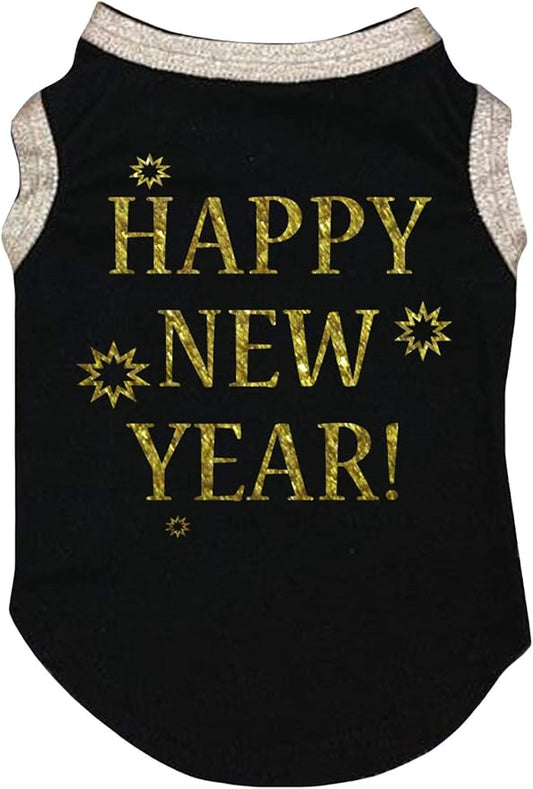 Petitebella Bling Happy New Year Puppy Dog Shirt (Black/Gold, XX-Large)