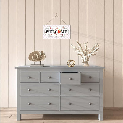 Welcome Sign for Front Door, Welcome Decor Wooden Hanging Sign for Girl Room Decor, Strawberry Pattern Wooden Hanging Signs, Cute Girl Style Front Door Decoration 13.8X6.9 inches