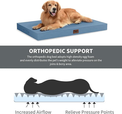 Large Outdoor All Weather Dog Bed, Waterproof Pet Bed for Large Dogs, Orthopedic Egg Crate Foam with Washable Removable Oxford Cooling Cover, 36x27 Inch, Blue