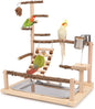 Wontee Bird Playground Wooden Bird Perch Stand Ladder Swing with Removable Tray & Feeding Cups for Budgies Parakeets Caique Senegal Cockatiels Conures