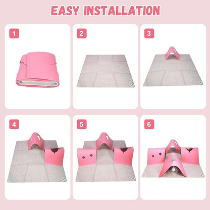 Interactive Cat Tunnel Mat for Indoor Cats, 4-Way Felt Cat Cave with Hanging Ball, Foldable Kitty Play Mat and Hideout, Pet Enrichment Toy for Kittens Rabbits Small Pets, Pink