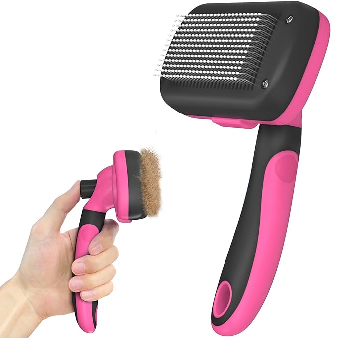 Self-Cleaning Pet Grooming Brush - Skin-Friendly Deshedding Tool for Dogs & Cats in Pink, Removes Loose Hair and Tangles