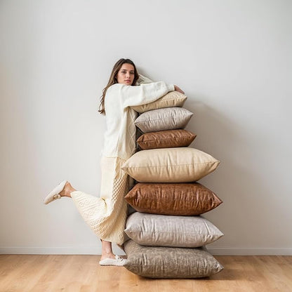 Oversized Vintage Decorative Pillow Covers, Pack of 2 Soft Rustic Abrasion Leather Throw Pillow Covers, for Home Decor Outdoor Waterproof Pet Hair Resistant Cushion Cover 26x26 inch Beige