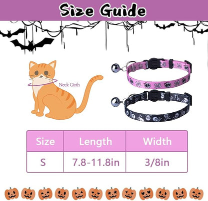 PUPTECK Breakaway Cat Collar with Bell Charm, 2 Packs Adjustable Kitty Collars Pink & Black Skull Pattern, 7.8-11.8 in