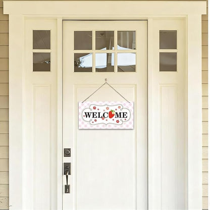 Welcome Sign for Front Door, Welcome Decor Wooden Hanging Sign for Girl Room Decor, Strawberry Pattern Wooden Hanging Signs, Cute Girl Style Front Door Decoration 13.8X6.9 inches