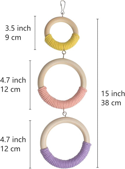 3-Ring Bird Wooden Swing Climbing Toy Chewable Cotton Rope Perch for Cage Cockatiels Budgies Parakeets Lovebirds