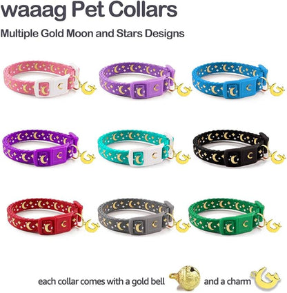 WAAAG Cat Collars, Gold Moons and Stars Cat Collar, Safety Breakaway Cat Collar, Glow in The Dark (Standard 9"-15" Neck, Royal Blue)