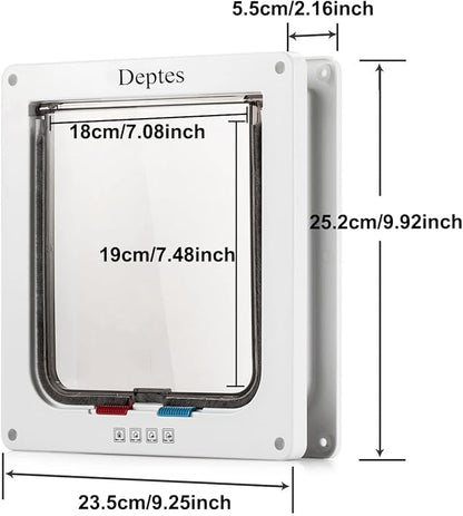 Depets Large Cat Door (Outer Size 9.9" x 9.2"), 4 Way Locking Cat Flap Door for Interior Exterior Doors, Weatherproof Pet Door for Circumference < 23"