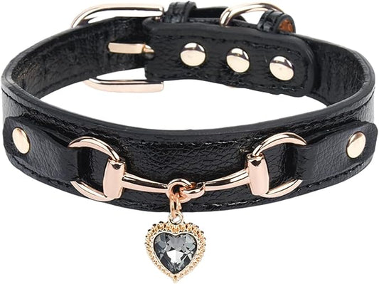 THAIN Fashion Dog Collar with Bling Diamonds & Heart Charm – 5 Holes Adjustable PU Leather Rhinestones Necklace Collar, Gold Buckle for Medium Dogs Girl boy (Black, M)