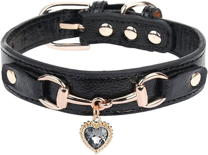 THAIN Fashion Dog Collar with Bling Diamonds & Heart Charm – 5 Holes Adjustable PU Leather Rhinestones Necklace Collar, Gold Buckle for Small Dogs Girl boy (Black, XS)