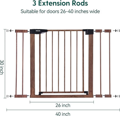 Mom's Choice Award Winner-BABELIO 26-40" Metal Baby Gate with Wood Pattern, PressGuard C5 Easy Install Pressure Mounted Dog Gate for Stairs and Doorways, with Wall Protectors and Extension Kits