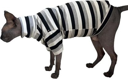 Vintage Stripes Sphynx Hairless Cats Shirt Cotton Cat Turtleneck Pet Clothes Kitten T-Shirts with Sleeves for Sphynx Cats (Black Grey White, X-Small)
