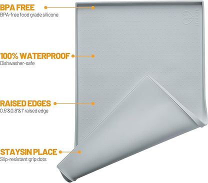 Hubulk Dog Feeding Mat,100% Waterproof Food Grade Silicone Pet Food and Water Bowl Placemat,Dishwasher, High Raised Edge to Prevent Spills,Nonslip Tray to Stop Messes on Floor（19"x12"x0.5", Mist）